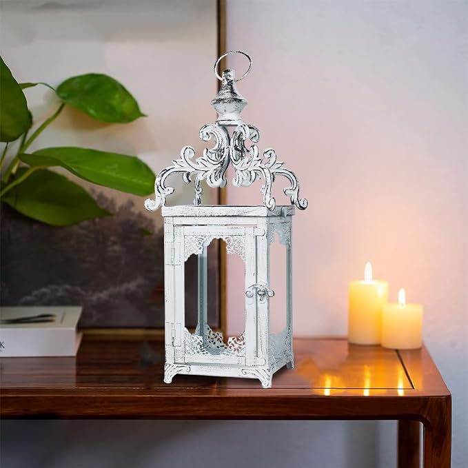 NEEDOMO Lanterns Decorative Indoor, 16" White Hanging Lantern Decor Outdoor, Vintage Metal Large Candle Lantern for Patio, Front Porch, Table, Home Decor, Candle Holder with Clear Glass