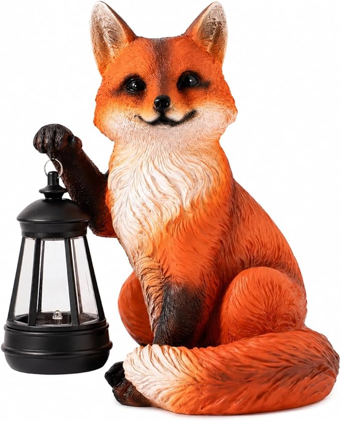 Solar Fox Garden Statue, 9 Inch Resin Animal Figurine with Lantern, Outdoor Solar Light Decor for Patio, Yard, Porch, Walkway, Lifelike Woodland Fox Sculpture for Garden Art (Red)