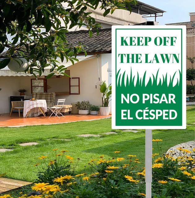 Keep Off The Lawn In English and Spanish Yard Sign With Stakes 8x12 inches Rustproof Reflective Aluminum Keep Off Grass Sign Stand for Home Garden Outdoor