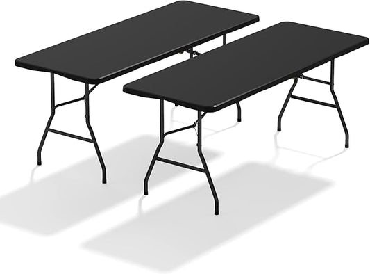 2 Pack 6FT Black Folding Table for Outdoor, 6 Foot Picnic Tables No Assembly Required Portable, Black Foldable Table for Camping, Parties, Meeting, Events, Wedding, with Carrying Handle