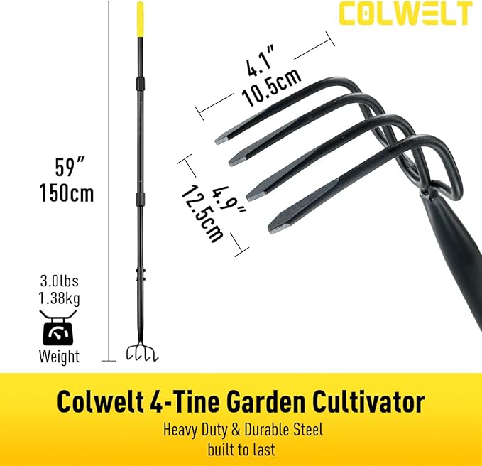 Colwelt 4 Tines Garden Cultivator Rake 59'', Hand Tiller Garden Tool with Sharp Forged Steel Head, 4 Tine Cultivators for Gardening with Long Handle, 4 Prong Rake for Digging Loosening Weeding