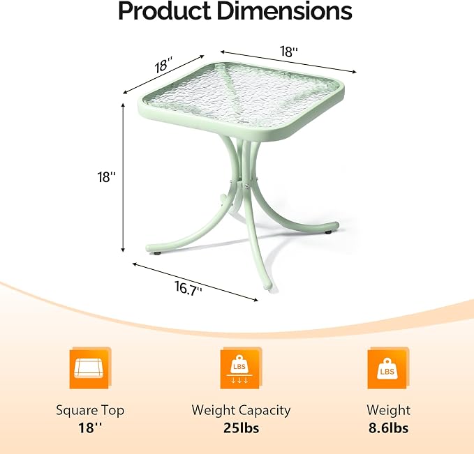VINGLI Outdoor Side Table, 18" Patio Table Steel Frame Tempered Glass Top, Weatherproof Small Tables for Balcony Garden Poolside (Green, Square)