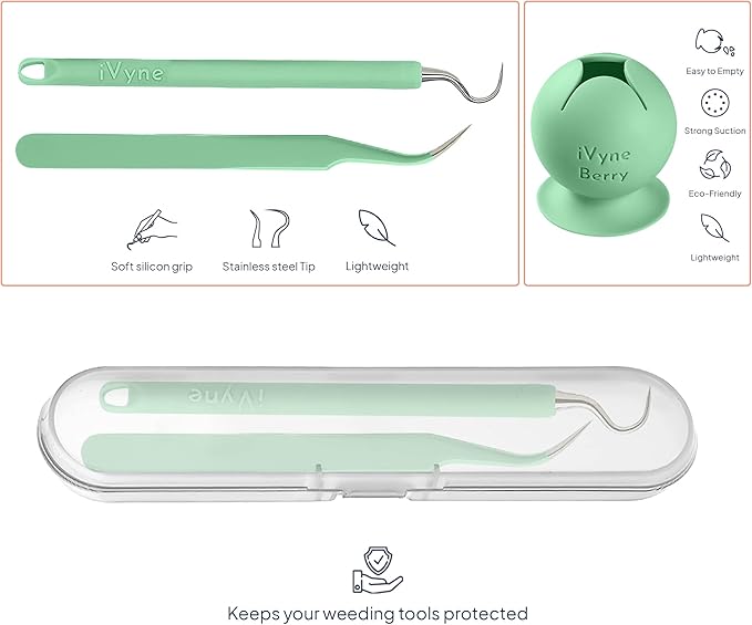 iVyne Berry and Silicone Weeding Tools - Suction Weeder, Craft Tweezer, Scrap Collector Holder, Vinyl Weeding Tool Kit for Cricut, Silhouette Accessories - Green