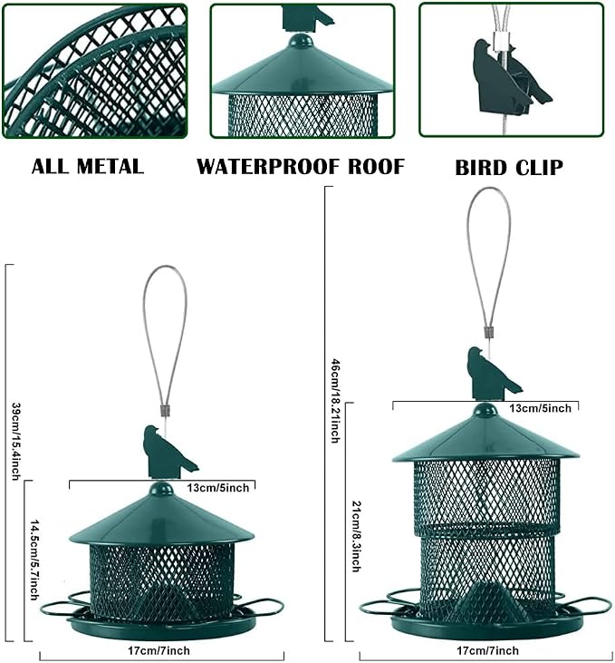 Metal Bird Feeder for Outside, Hanging Bird Feeders Squirrel Proof, 4 Lbs Capacity Iron Mesh Durable Wild Outdoor Birdfeeder with 6 Perches for Finch Cardinals,Gifts for Birds Lovers- Green