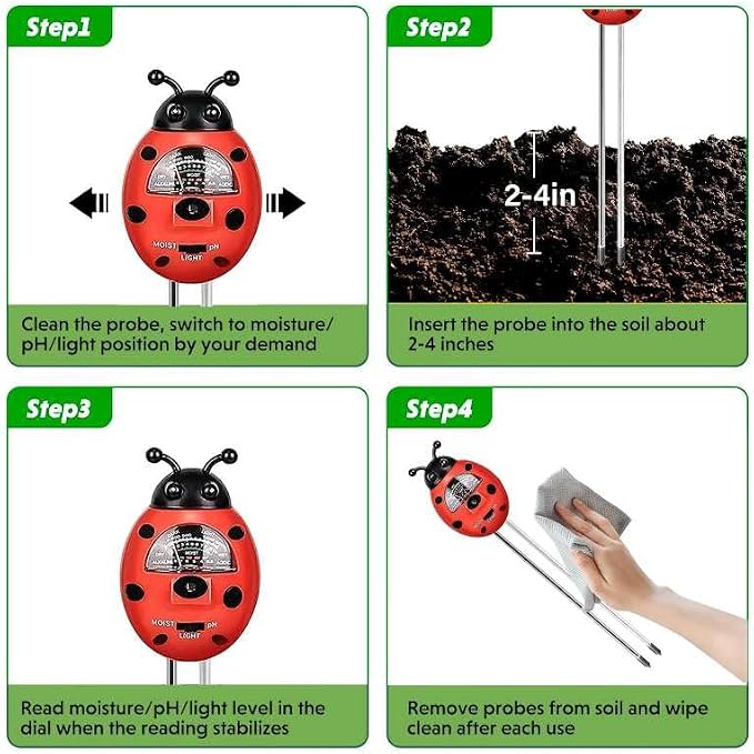 Ladybug Shape 3-in-1 Soil Moisture/pH/Light Meter, Soil Moisture Meter, Soil Test kit, Soil Tester with Moisture,Light,and pH Test for Indoor & Outdoor Use for House Plants, Garden, Lawn, Farm
