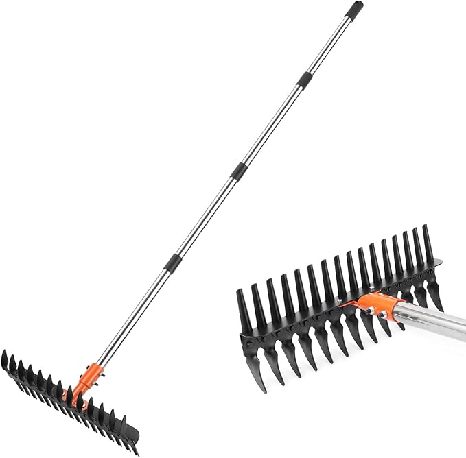 Lmaytech Garden Thatch Rake for Lawn, Heavy Duty Metal Thatching rake with Strong Handle, Wide 15inch Iron Dethatcher Rakes for Yard Leaf & Weed Clean, Soil Loose, Grass Groom