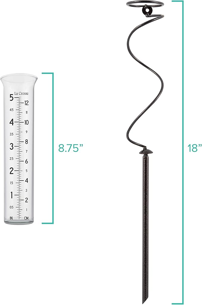 La Crosse 704-08967-INT Original Handcrafted Colombian Metal Finish Spiral Rain Gauge with 5-inch Capacity Glass Rain Garden Tube