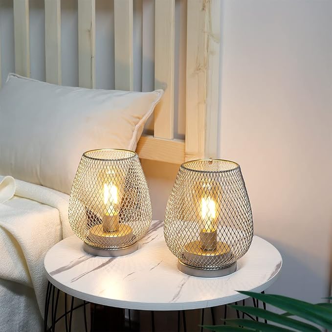 JHY DESIGN Set of 2 Metal Cage LED Lantern Battery Powered Cordless Accent Light with LED Great for Weddings Parties Patio Events for Indoors Outdoors(Silver)