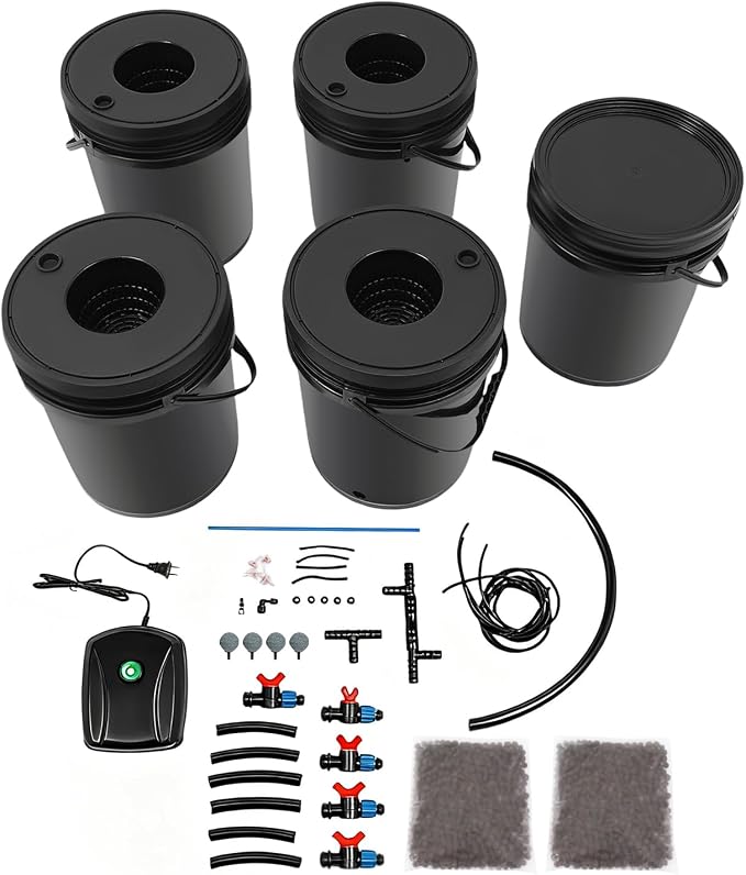DWC Hydroponics Grow System 5.28 Gallon Deep Water Culture Kit with 12W 110V Air Pump, Five 12inch Buckets & Air Stones for Indoor Gardening Vegetables Herbs (5 Buckets+5.28Gal)