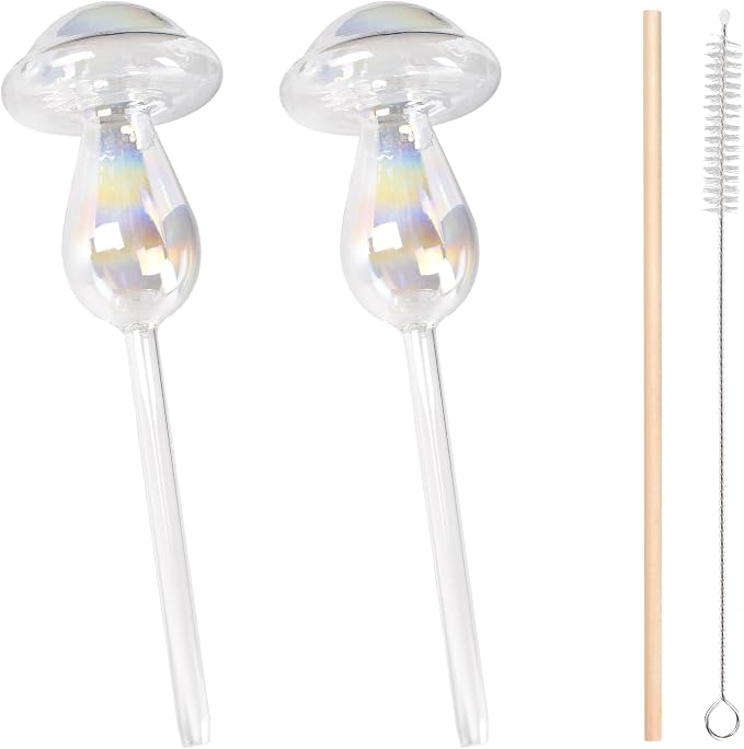 Plant Watering Globes- 2Pcs Iridescent Rainbow Glass Water Bulbs Mushroom Self Watering Spikes Planter Insert Automatic Plant Watering Bulbs Devices for Indoor and Outdoor Plants