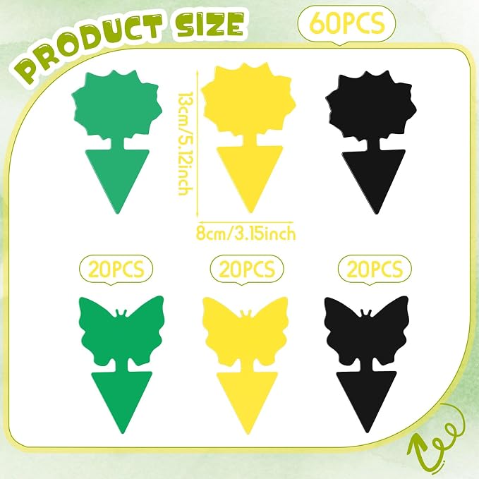 60 Pack Fruit Fly Traps Fungus Gnat Sticky Traps Yellow Black Green Plant Fly Stickers Double Side with Shovel for Indoor Outdoor Kitchen Garden Houseplant Flying Bug Insect (Mixed Style)