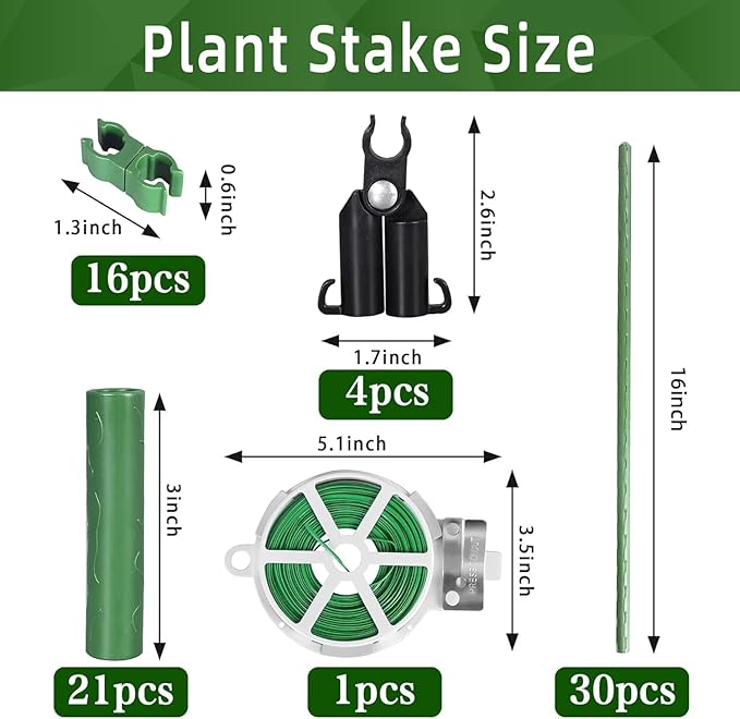 72 Pcs Garden Stakes 30 Sets 16 Inch Steel Tomato Plant Stakes and Accessories, DIY 4ft 5ft 6ft 7ft Plant Stakes Sticks Supports for Outdoor, Gardening, Vegetables, Pepper, Fences (16 inch)