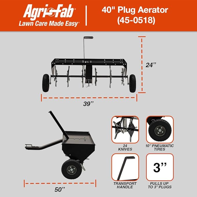 Agri-Fab 40 In Tow Behind Lawn Plug Aerator with 24 Galvanized Coring Knives and Universal Hitch