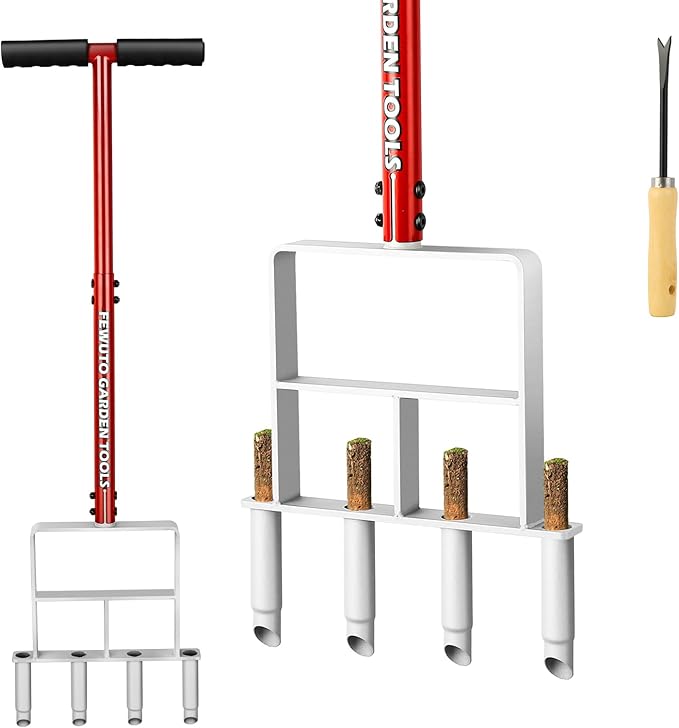 Lawn Aerator Tool, Manual Core Aerator Lawn Tool with 4 Tapered Tubes, Heavy-Duty Steel Grass Plug Aerator & Soil Loosener for Effortless Lawn Aeration, Thatch Removal & Yard Care