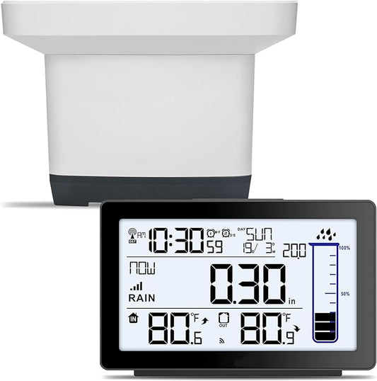Wireless Rain Gauge Outdoor, Self-Emptying Digital Rain Gauges Outdoors Best Rated, Electronic Rain Measure Gauge for Garden, Freeze Proof Rain Gauge with Thermometer, Remote Rain Meter for Yard