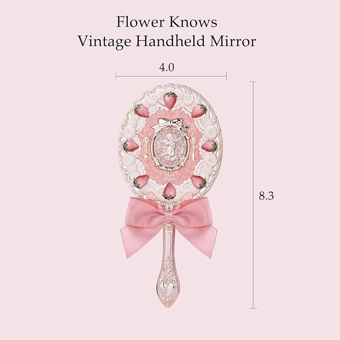 Flower Knows Strawberry Cupid Hand Mirror,Vintage Handheld Mirror,Fancy & Pretty Princess Mirror with Long Handle,Gift for Girls & Women(Milk Pink)