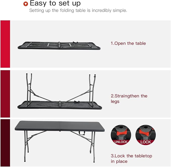 PayLessHere | 6FT Folding Table | Black | Portable Plastic Table with Carry Handle | Waterproof & Foldable Table Design | Steel Frame with Lock | for Events, Camping, Indoor & Outdoor Use