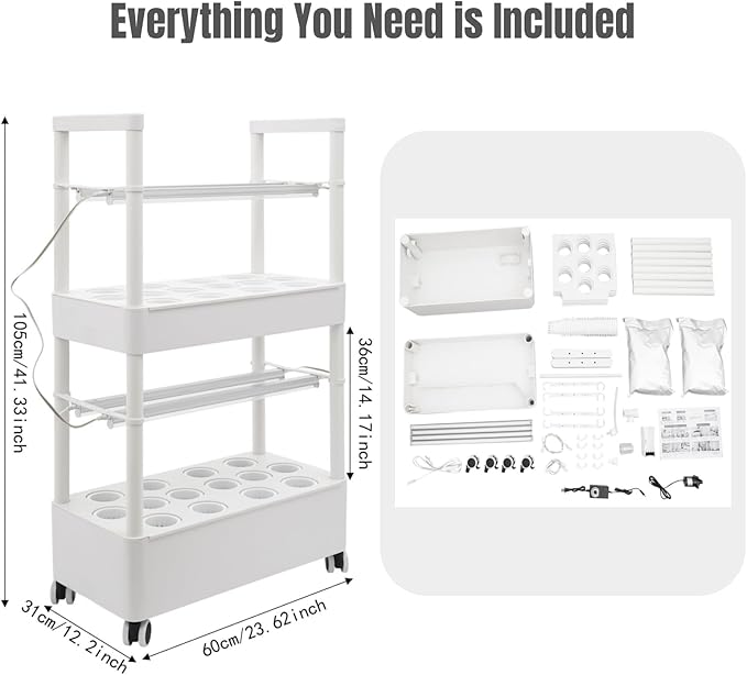 2-Tier 28-Hole Hydroponics Growing System with LED Grow Lights, 5.28Gal Indoor Hydroponic Grow Kit with Automatic Water Circulation, 4 Wheels for Vegetables, Herbs, Lettuce, White