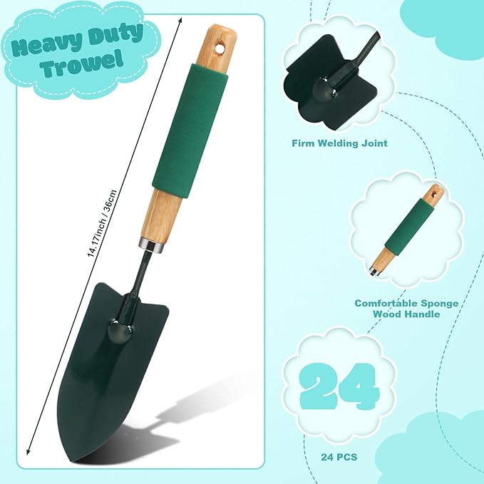 Lasnten 24 Pcs Garden Metal Shovel Digging Trowel Wood Handle Flower Soil Planting Tool for Community Volunteer Gardening Home Lawn Farm Flower Seed Plant Planting Weeding Gardening, green