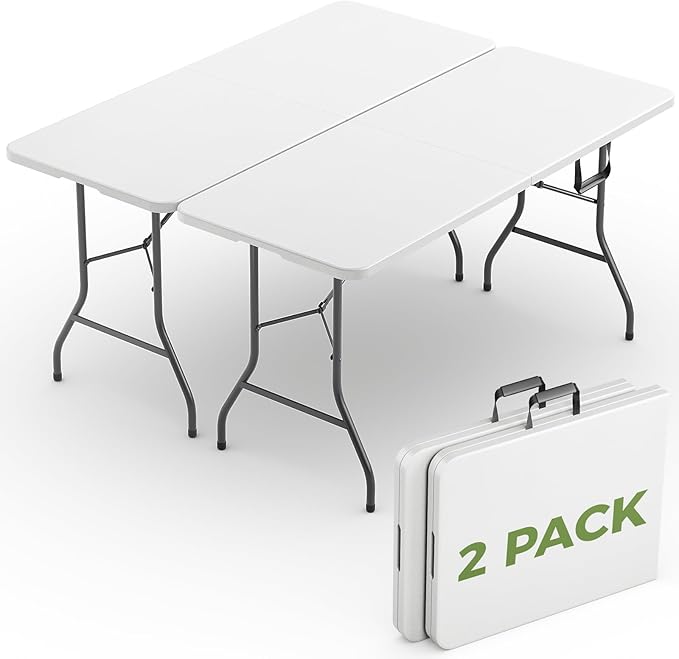 Folding Table 2 Pack, 5 FT Foldable Plastic Table with Carrying Handle, Heavy Duty Portable Fold-in-Half Utility Table for Party, Camping, Banquet, Craft, Wedding, Indoor & Outdoor Use