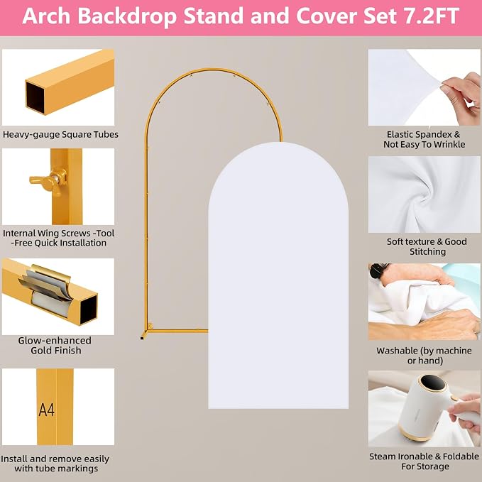 Metal Arch Backdrop Stand and Cover Set, 7.2FT Gold Wedding Backdrop Arch Frame Stand with Cover, Balloon Arch Stand with White Arch Cover for Party Birthday Baby Shower Graduation Decorations