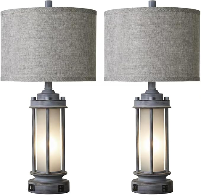 AIEAMPDO Set of 2 Rustic Table Lamps for Living Room with 2 USB C+A Ports | Farmhouse Vintage Nightstand Lamp, Antique Retro Light Green Glass Night Light for Bedroom Entryway, 4 Bulbs Included