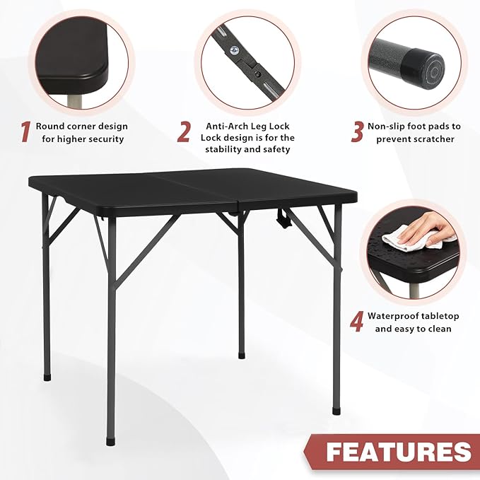 PayLessHere 34" Folding Tables Plastic Folding Card Table Half Portable Foldable Square Table for for Parties Wedding BBQ Camping, Black