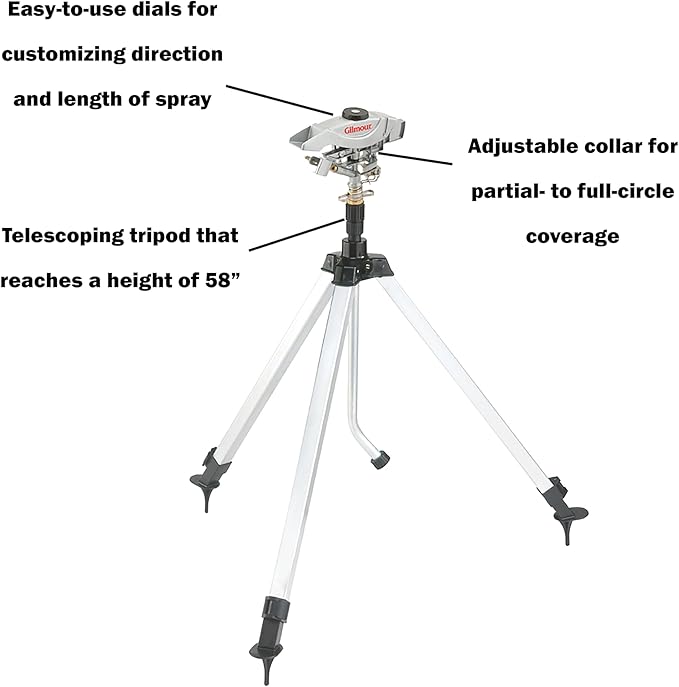 Gilmour Pro Telescoping Extra Large Area Circular Water Sprinkler for Lawn, Tripod Sprinkler with 8,500 sq ft Coverage, White/Black