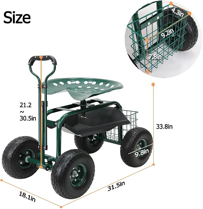 Garden Cart on Wheels,Rolling Garden Cart with Seat,Heavy Duty Gardening Stool with Basket,Adjustable Steering Handle, 360 Degree Swivel Seat for Yard,Patio,and Outdoor
