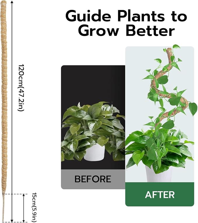 Mcbazel Bendable Moss Pole for Plants 47 Inch, Monstera Plant Support Stake with 7mm Aluminum Core, Coconut Coir Climbing Pole for Monstera Pothos Philodendron, Complete Kit with Ties & Rope