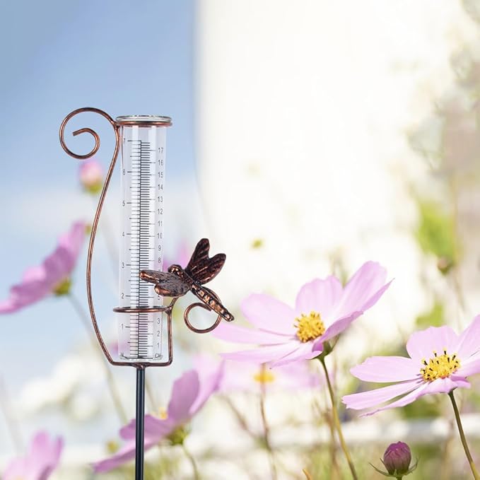 Dragonfly Rain Gauge Outdoor, 7 Inch Metal Rain Gauges for Measuring Precipitation, Patio, Garden Yard Decor