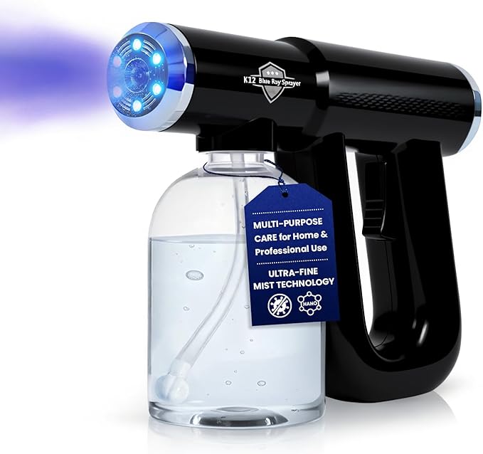 Professional K12 Nano Spray Gun with Blue Light, Atomizer Sprayer & Nano Steam Hair Mister Spray Bottle, Cordless & Rechargeable Barber Spray Gun, Home, Salon, Office & Travel Fine Mist Spray, Black