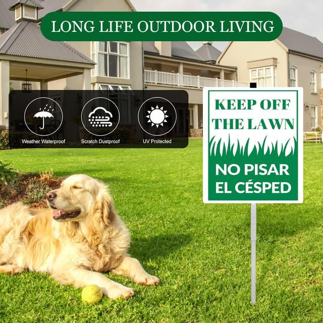 Keep Off The Lawn In English and Spanish Yard Sign With Stakes 8x12 inches Rustproof Reflective Aluminum Keep Off Grass Sign Stand for Home Garden Outdoor