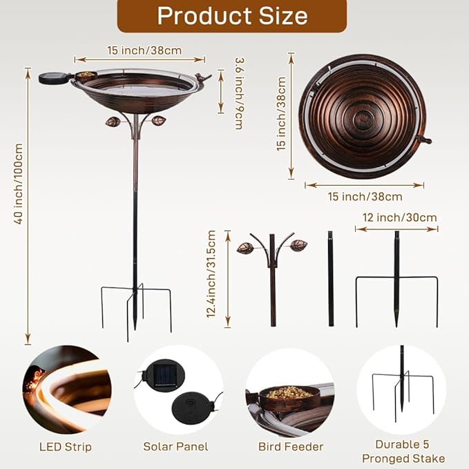 dreamysoul Bird Baths for Outdoors 15" Dia Large Metal Bird Bath with Solar Strip Lights, 5 Prongs Outdoor Copper Birdbath for Lawn Yard Garden Decor