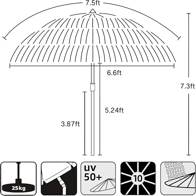 AMMSUN 7.5ft Hula Thatched Tiki Patio Beach Umbrella Hawaiian Style 10 Ribs UPF 50+ with Tilt Carry Bag for Outdoor Tiki Bar, Tropical Palapa, Patio Garden Beach Pool Backyard Yellow