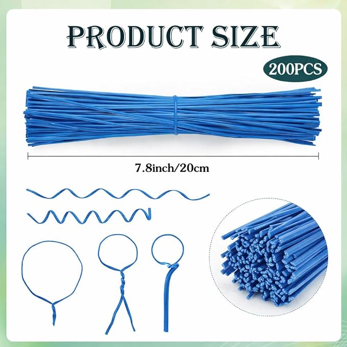 200 PCS Twist Ties for Plants, 7.8 Inch Garden Twist Ties Reusable Blue Cable Tie with Rugged Metal Innercores for Bread Cake Pop Candy Bags Cable Organization Christmas Tree Gardening Decor