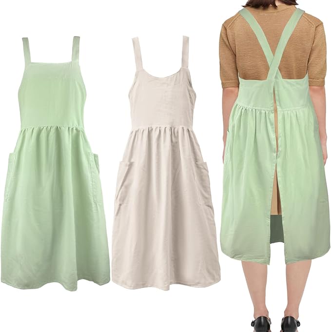 Uaussi Cotton Linen Apron Cross Back Work Apron for Women with Pockets Pinafore Dress X Cross Halter Apron for Chef Gardening