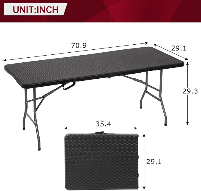 PayLessHere | 6FT Folding Table | Black Ratten | Portable Plastic Table with Carry Handle | Waterproof & Foldable Table Design | Steel Frame with Lock | for Events, Camping, Indoor & Outdoor Use