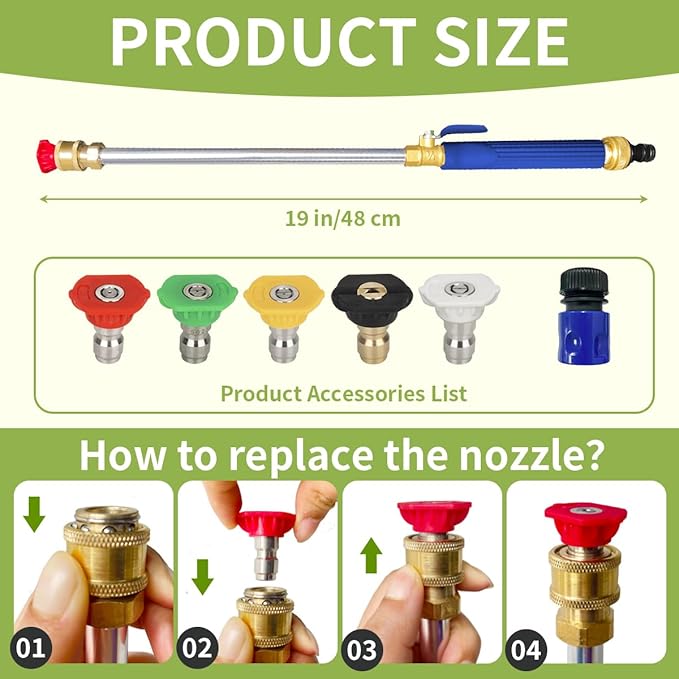 Upgrade Leak-Free jet nozzle high pressure hose nozzle，Suitable for garden hoses high pressure power washer wand with 5 High Pressure hydro nozzles and Quick Connectors (blue)