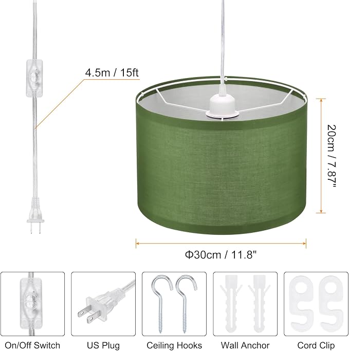 PATIKIL Plug in Pendant Light, 15Ft Rope Cord Hanging Lamp Fixture Army Green