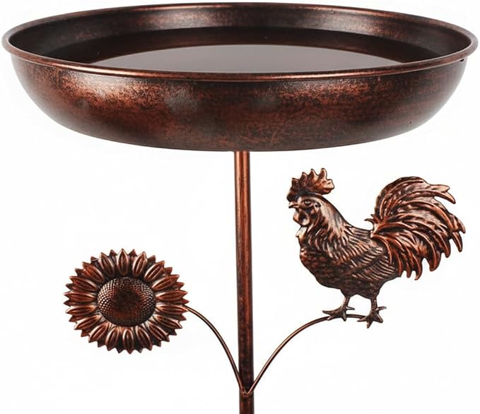 dreamysoul Bird Baths for Outside, 12 Inches Dia Bird Bath Feeder Bowl with Sun and Rooster Decor, Freestanding Metal Birdbath for Outdoors Garden Patio Yard Lawn