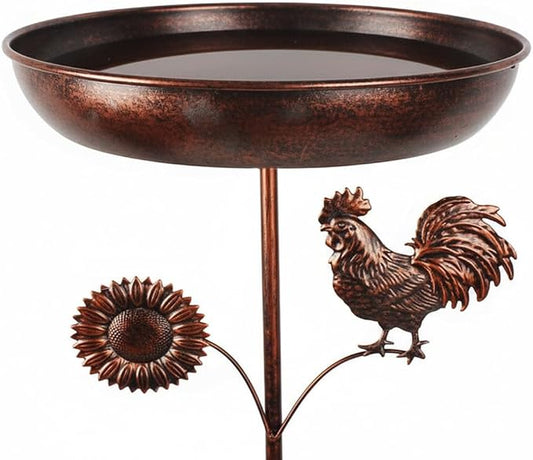 dreamysoul Bird Baths for Outside, 12 Inches Dia Bird Bath Feeder Bowl with Sun and Rooster Decor, Freestanding Metal Birdbath for Outdoors Garden Patio Yard Lawn