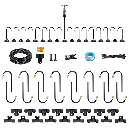 A ANLEOLIFE 50FT Drip Irrigation Kit for Patio, Potted Plants, 360° Bendable Copper Nozzles, Quick-Connect 1/4" Tubing for Container Gardens, Micro Drip with Adjustable Water Flow (Timer Not Included)