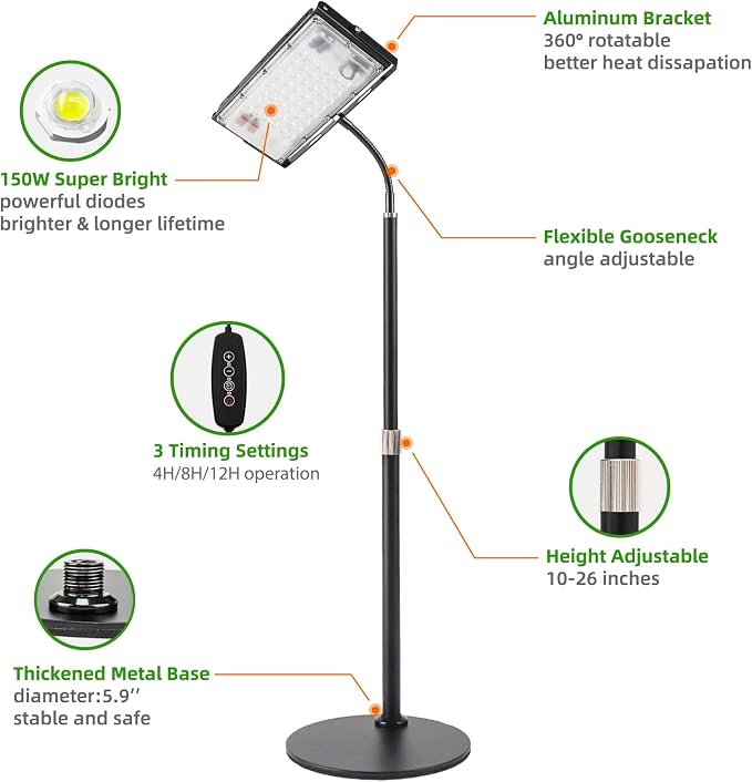 LBW Grow Light for Indoor Plants, Full Spectrum Desk LED Plant Light, Small Grow Lamp with 4H/8H/12H Timer, 6-Level Brightness, Height Adjustable, Flexible Gooseneck, Ideal for Indoor Growth