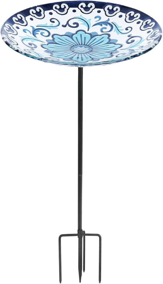MUMTOP Glass Bird Bath, Garden Outdoor Birdbaths Birdfeeder with Metal Stake, Blue