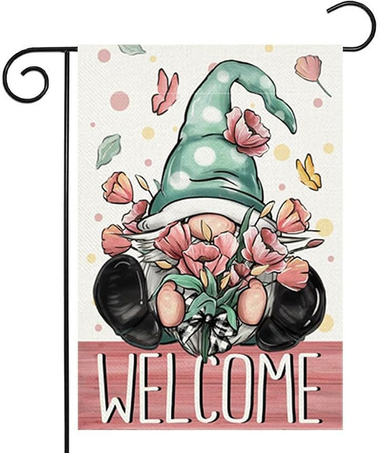 Spring Welcome Garden Flag 12.5 x 18 Inch Gnome with Floral Decorative Double Sided Burlap Flag For Seasonal Farmhouse Yard Outdoor Decor