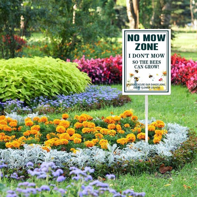 No mow zone bee Yard Sign With Stake Do Not Mow Reflective Aluminum Yard Signs Rust Free Save Bee Pollinator Habitat Garden Signs (8x12 IN)