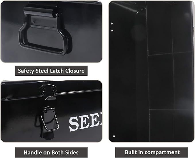 Seed Storage Box Metal Seed Container Seed Packet Storage Organizer, Seed Storage Container with Lid Seed Envelope Storage Box-4 Compartments Garden Seed Box with Safety Locks-Black