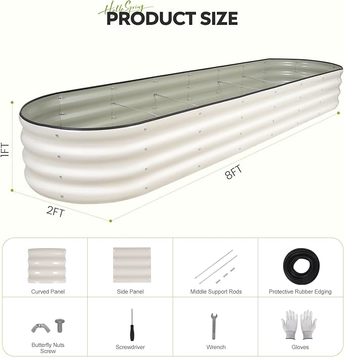 Galvanized Raised Garden Bed 2 Pack, 8x2x1ft Oval Metal Planter Box Outdoor with Support Rods & Corner Protection, Planter Beds for Vegetables, Fruits, Flowers (White)