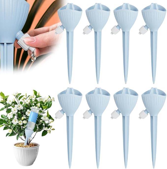 Self Watering Spikes, 4/8 Pack Automatic Plant Waterer with Adjustable Valve, Drip Irrigation Stakes for Indoor & Outdoor Plants, Self Watering Insert Devices for Garden, Vacation (4, Blue)